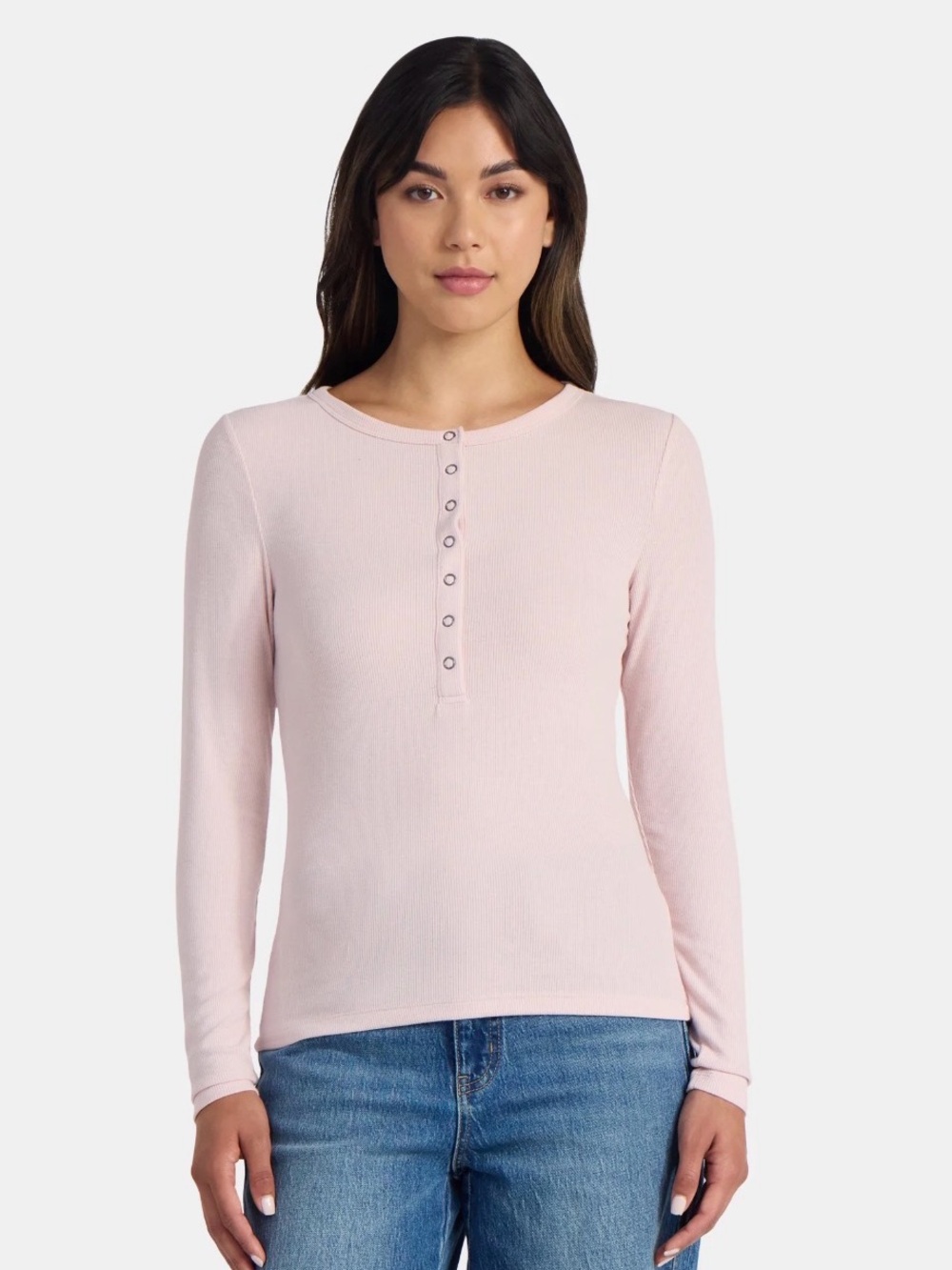 Time and Tru Pink Smoke Ribbed Textured With Long Sleeves Soft Henley Shirt